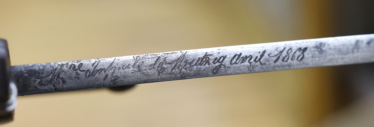 A silver mounted malacca walking cane together with a 19th century French bayonet